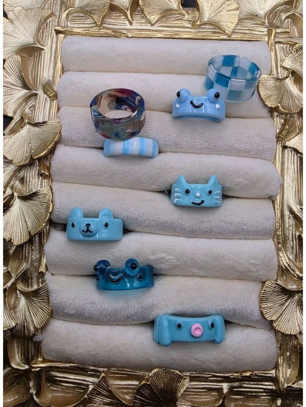 Set of 8 Cute Blue Resin Cartoon Animal Rings Size Adjustable